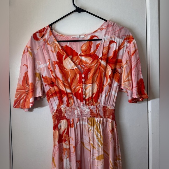 Abel the Label Flower Bomb Pink Orange Tropical Floral High Lo Maxi Dress M - Picture 2 of 14
